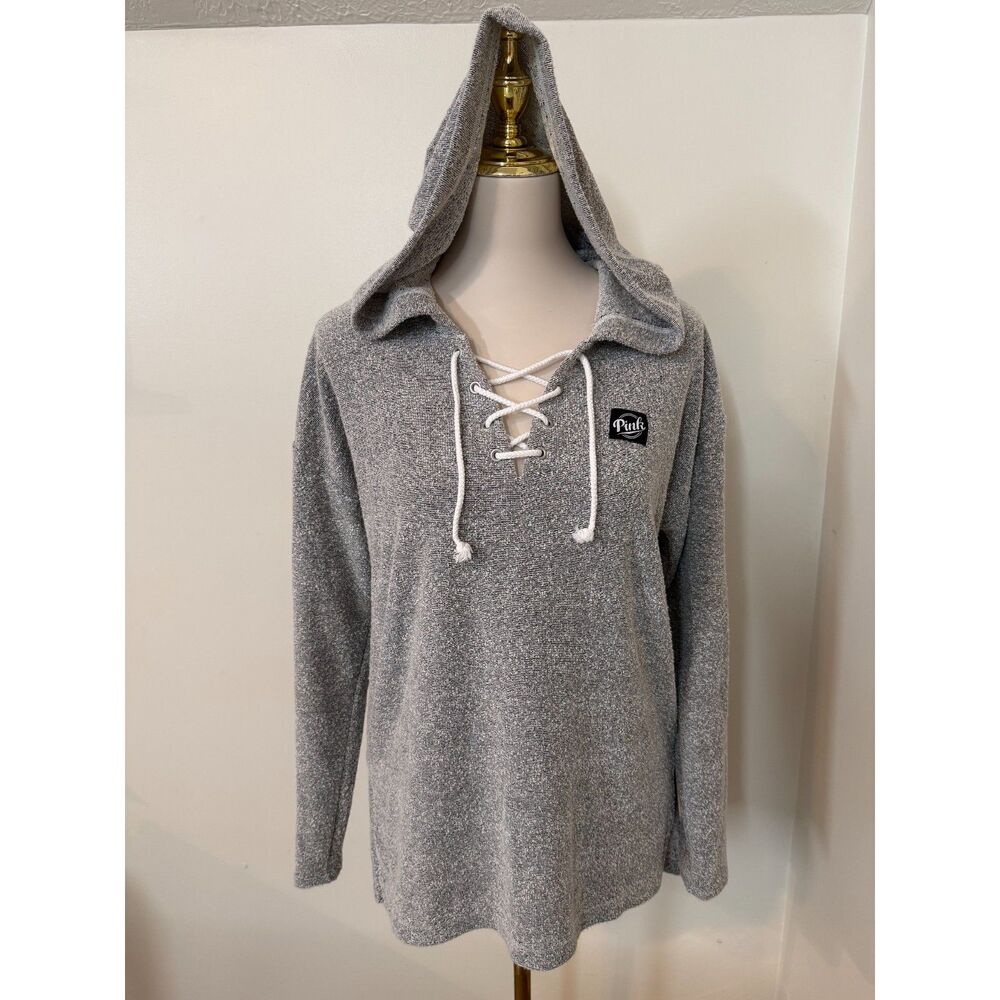 PINK Victoria’s Secret Gray Lace Up Hoodie Pullover Longline Women’s Small